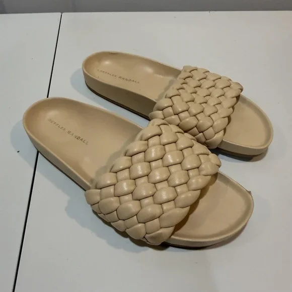 Loeffler Randall Sandals Womens Size 9 Beige Braided Leather Slide Flat Shoes - Picture 2 of 9